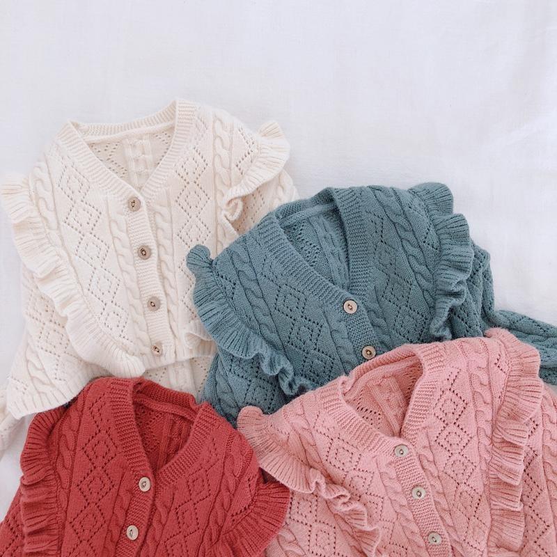 wholesale Ruffles V Necek Girls Sweater 2021 spring Winter Baby Girls Cardigan Sweaters Chidlren Outwear Coat supplier - PrettyKid