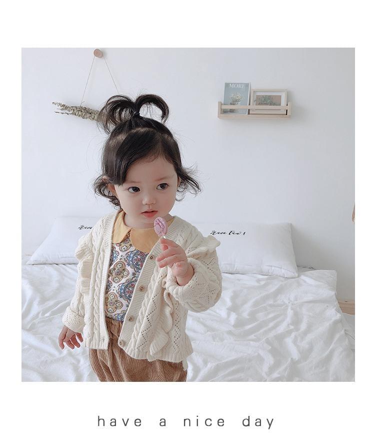 wholesale Ruffles V Necek Girls Sweater 2021 spring Winter Baby Girls Cardigan Sweaters Chidlren Outwear Coat supplier - PrettyKid