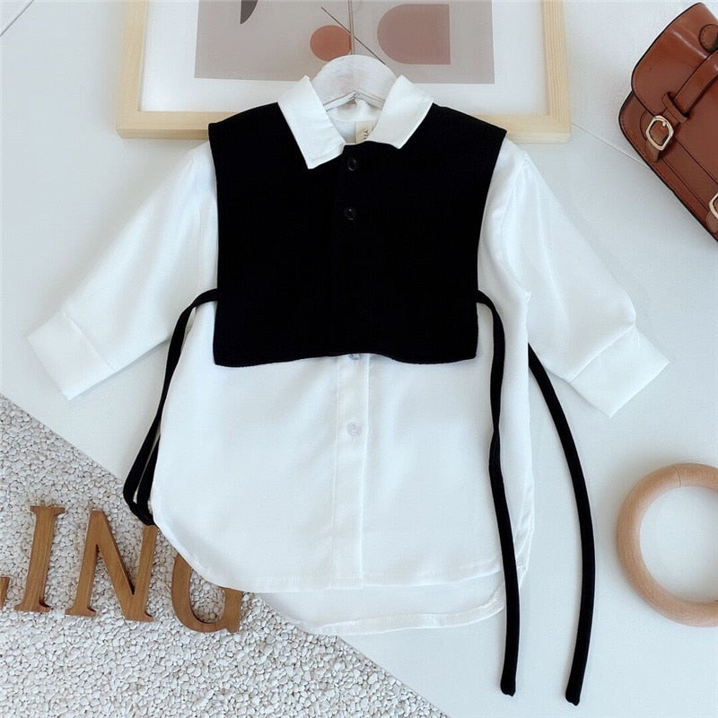 Fashion Little Girls Long Sleeve Shirt Two Piece Set Cute White Long Tops Children Vendor - PrettyKid