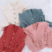 wholesale Ruffles V Necek Girls Sweater 2021 spring Winter Baby Girls Cardigan Sweaters Chidlren Outwear Coat supplier - PrettyKid