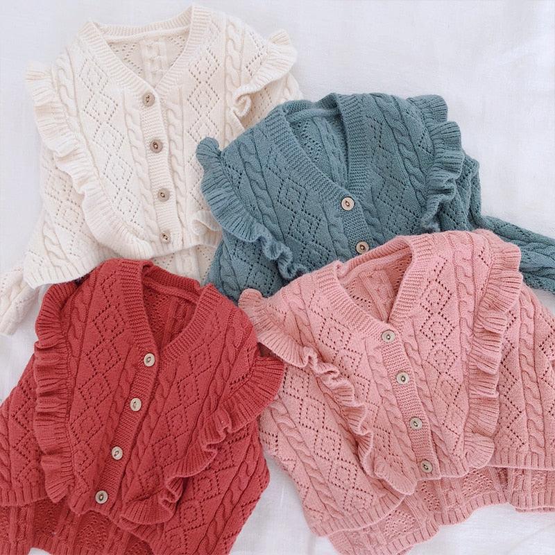 wholesale Ruffles V Necek Girls Sweater 2021 spring Winter Baby Girls Cardigan Sweaters Chidlren Outwear Coat supplier - PrettyKid