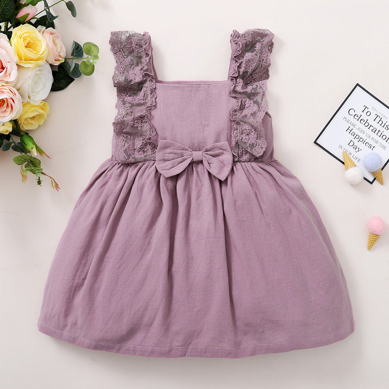 Toddler Girl Sweet Cute Bow Knot Decor Lace Ruffle Dress Wholesale - PrettyKid